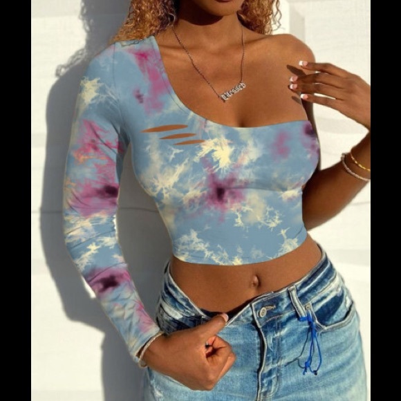 💋Off- One Shoulder Blue Tie-dye Ripped Design Asymmetrical Crop Top - Picture 2 of 2